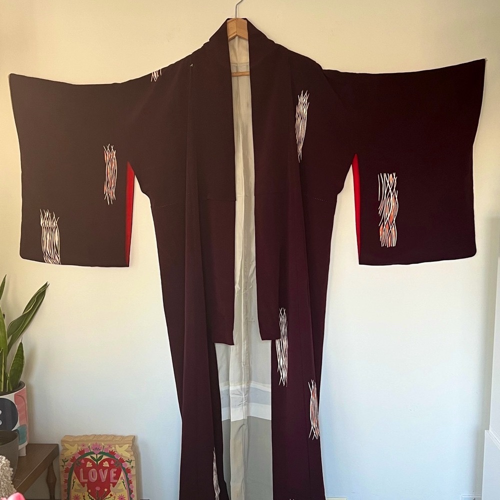 Antique silk kimono heavyweight, kimono, handmade. Purple red kimono, silk robe
